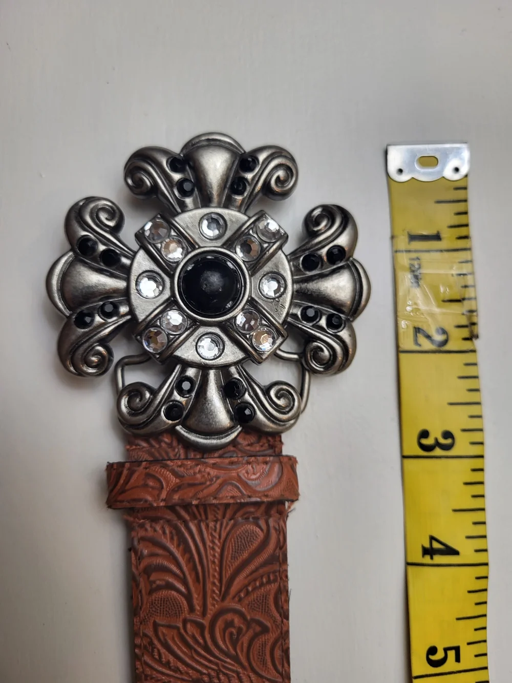 Brown Tooled Faux Leather Belt with Ornate Silver-Tone Rhinestone Buckle
